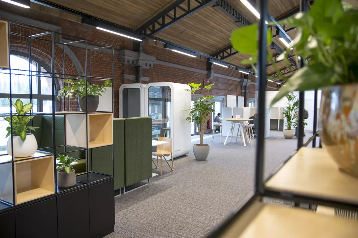 Modern open office in a brick building with acoustic cubes, indoor plants, and an industrial ceiling. 