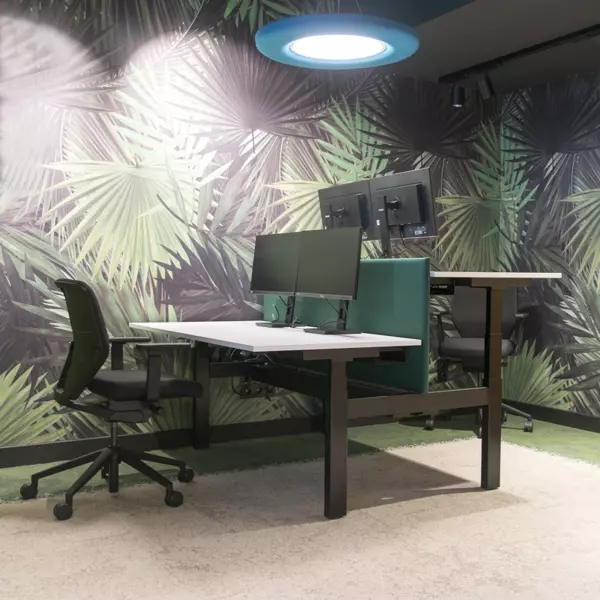 Chaises de bureau ergonomiques sur un bureau assis-debout avec des cloisons acoustiques